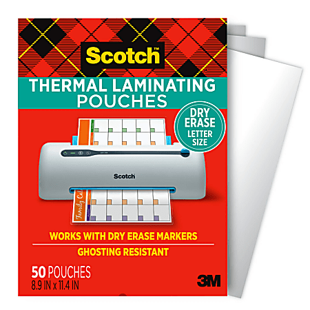 Scotch™ Dry Erase Thermal Laminating Pouches TP3854-50DE, 8-15/16" x 11-2/5", Clear, Pack of 50 Laminating Sheets