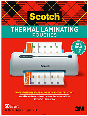 Scotch™ Dry Erase Thermal Laminating Pouches TP3854-50DE, 8.9 in x 11.4 in, Clear, Pack of 50 Laminating Sheets
