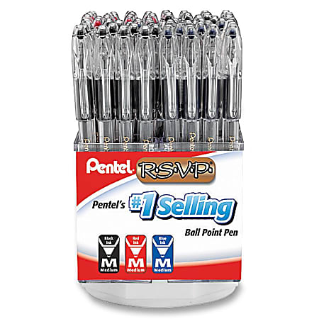 Pentel R.S.V.P Ballpoint Stick Pen - Medium Pen Point Type - Refillable - Assorted - Clear Stainless Steel Barrel - 144 / Display Box