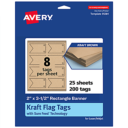 Avery® Print-To-The-Edge Flag Tags With Sure Feed® Technology, 2"x3-1/2" Rectangle Banner, Kraft Brown, Pack Of 200