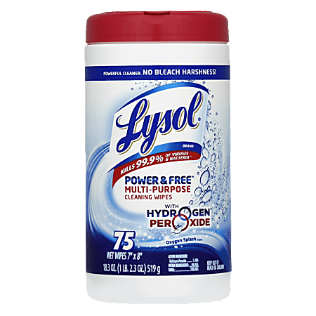 Lysol® Power & Free™ Multipurpose Disinfecting Wipes, Oxygen Splash Scent, Canister Of 75 Wipes