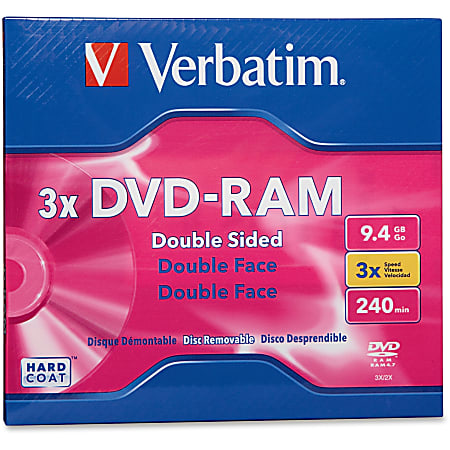 Verbatim DVD-RAM 9.4GB 3X Double Sided, Type 4 with Branded Surface - 1pk with Cartridge