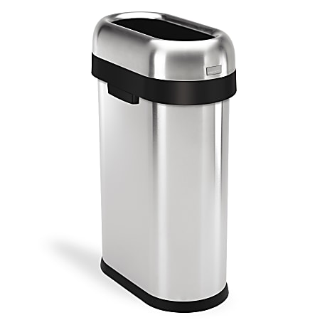 simplehuman® Slim Oval Metal Open Trash Can, 13 Gallons, 27-2/5"H x 10-7/10"W x 18-1/5"D, Brushed Stainless Steel