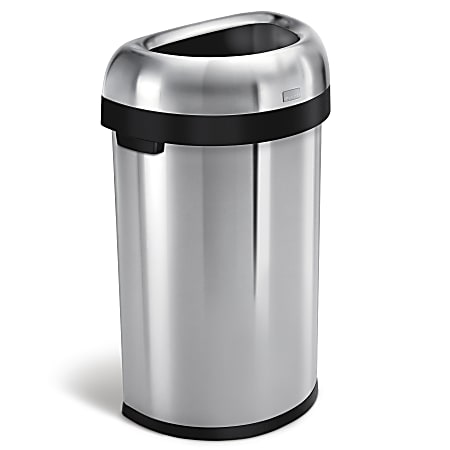 simplehuman® Semi-Round Open-Top Commercial Stainless-Steel Trash Can, 16 Gallons, 29-9/10"H x  18-1/2"W x 13-1/10"D, Brushed Stainless Steel