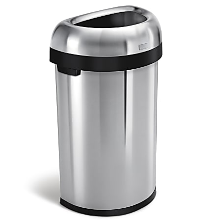 simplehuman Commercial Open Top Trash Can, Semi-Round, 16 Gallons, 29.9" x 18.5" x 13.1", Brushed Heavy-Gauge Stainless Steel