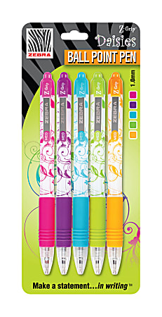 Zebra® Z-Grip™ Retractable Ballpoint Pens, Medium Point, 1.0 mm, Assorted Floral Barrels, Assorted Ink Colors, Pack Of 5
