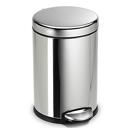 simplehuman® Round Stainless-Steel Step Trash Can, 1.2 Gallons, 12-1/10"H x 7-3/5"W x 10"D, Polished Stainless Steel