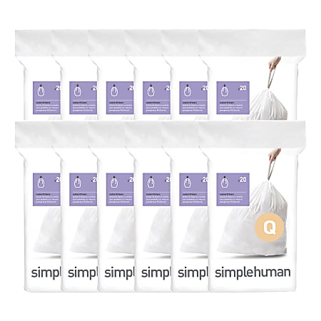 simplehuman Custom Fit Can Liners, Q, 13 To 17 Gallons, White, Pack Of 240 Liners