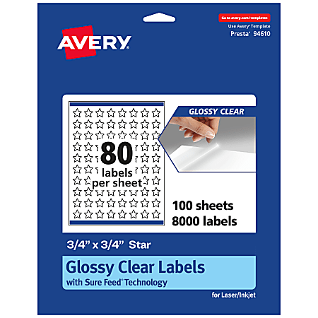 Avery® Glossy Permanent Labels With Sure Feed®, 94610-CGF100, Star, 3/4" x 3/4", Clear, Pack Of 8,000
