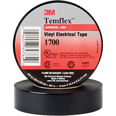 3M™ 1700 Electrical Tape, 1.5" Core, 0.75" x 60', Black, Case Of 20