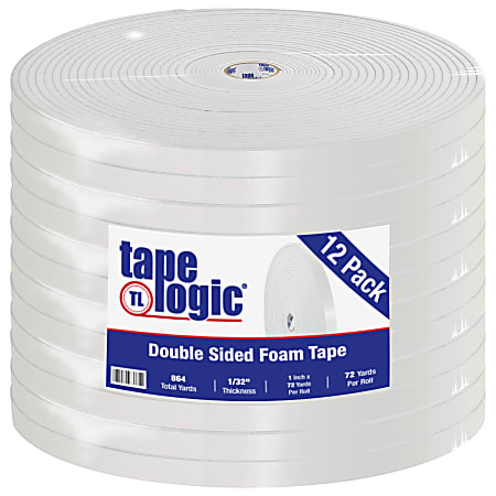 Tape Logic® Double-Sided Foam Tape, 3" Core, 1" x 216', White, Case Of 12