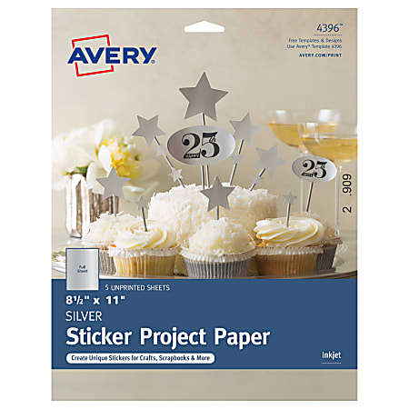 Avery® Full-Sticker Project Paper, 4396, 8 1/2" x 11", Matte, Silver, 5 Sheets