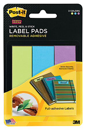 Post-it® Super Sticky Removable Label Pads, 2900-LBG, Rectangle, 1" x 3", Blue, 50 Labels Per Pad, Pack Of 3 Pads