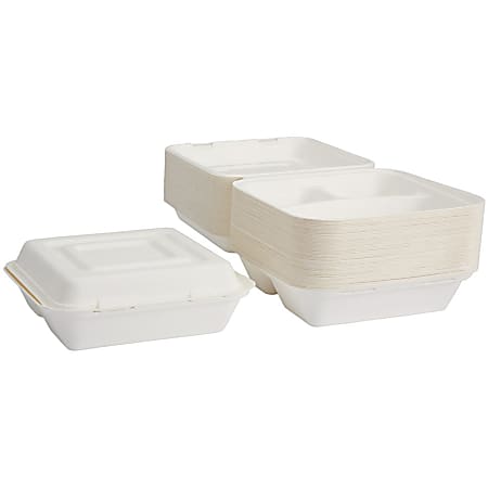 Dixie 3-Compartment Clamshell Food Containers by GP Pro - 9" Diameter Food Container - Molded Fiber - Disposable - Microwave Safe - White - 50 Piece(s) / Pack
