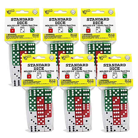 Koplow Games Dot Dice Sets, 5/8", Red/White/Green, Pre-K to Grade 5, 18 Dice Per Set, Pack Of 6 Sets