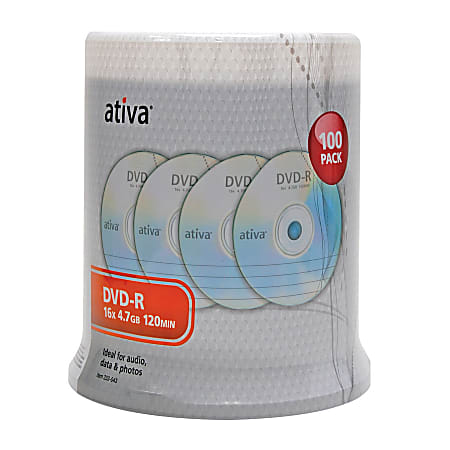 Ativa® DVD-R Recordable Media Spindle, 4.7GB/120 Minutes, Pack Of 100