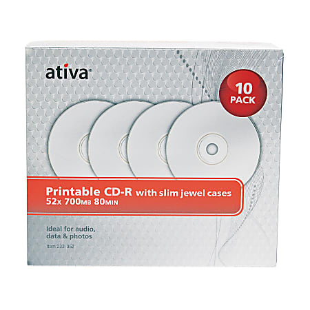 Ativa® Printable CD-R Media With Slim Jewel Cases, 700MB/80 Minutes, Pack Of 10