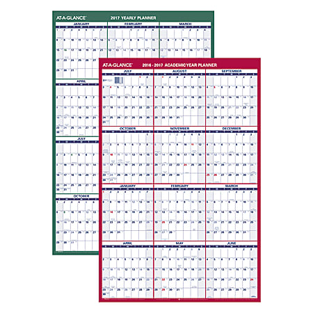 AT-A-GLANCE® 18-Month Academic/Standard Monthly/Yearly Erasable/Reversible Wall Calendar, 36" x 24", 30% Recycled, Red/Blue/Green, July 2016 to December 2017
