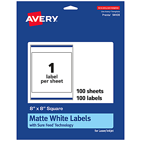 Avery® Permanent Labels With Sure Feed®, 94108-WMP100, Square, 8" x 8", White, Pack Of 100