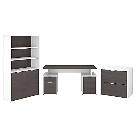 Bush Business Furniture Jamestown 60"W Desk With Storage, File Cabinets And 5-Shelf Bookcase, Storm Gray/White, Premium Installation