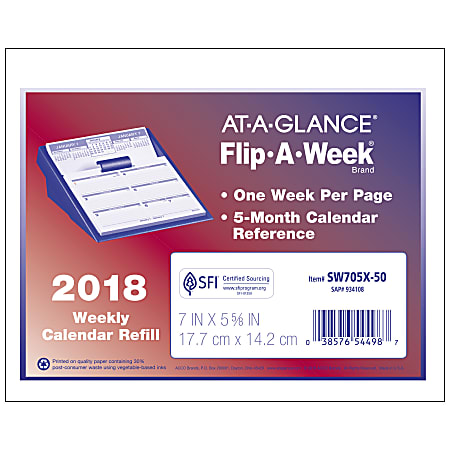 AT-A-GLANCE® Flip-A-Week® Desk Calendar Refill, 5 5/8" x 7", 30% Recycled, White, January-December 2018 (SW705X50-18)