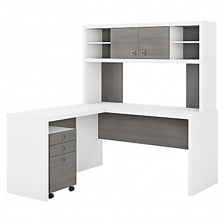 Kathy Ireland Office Echo L-Shaped Desk With Hutch And Mobile File Cabinet, Pure White/Modern Gray, Standard Delivery