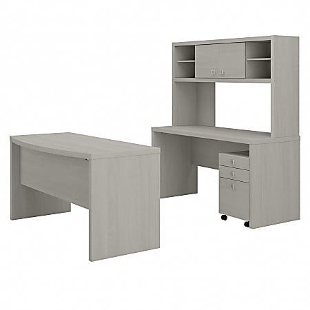 Bush Business Furniture Echo Bow Front Desk, Credenza With Hutch And Mobile File Cabinet, Gray Sand, Standard Delivery