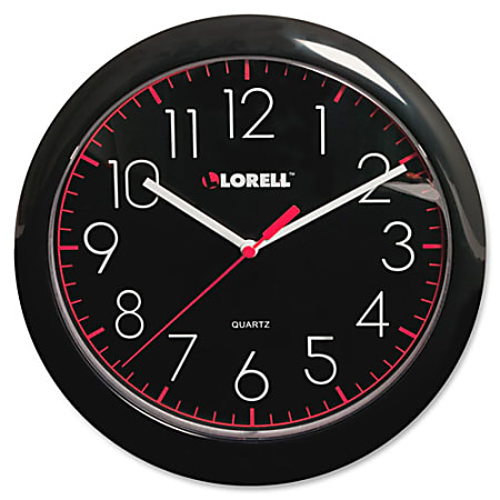 Lorell® 10"Round Quartz Black Face Wall Clock, Black