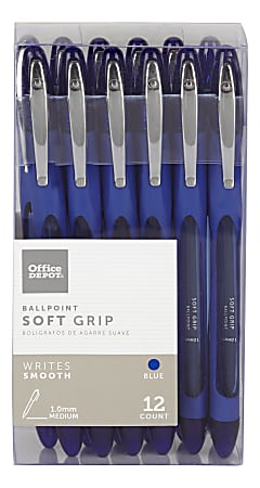 Office Depot® Brand Super Comfort Grip Ballpoint Pens With Caps, Medium Point, 1.0 mm, Blue Barrel, Blue Ink, Pack Of 12