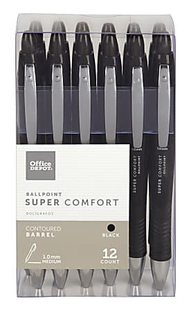 Office Depot® Brand Super Comfort Grip Retractable Ballpoint Pens, Medium Point, 1.0 mm, Black Barrel, Black Ink, Pack Of 12