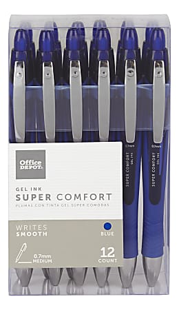 Office Depot® Brand Super Comfort Grip Retractable Gel Pens, Medium Point, 0.7 mm, Blue Barrel, Blue Ink, Pack Of 12