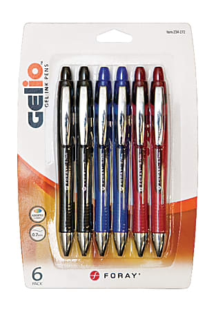 FORAY® Super Comfort Grip Retractable Gel Pens, Medium Point, 0.7 mm, Assorted Barrels, Assorted Ink Colors, Pack Of 6