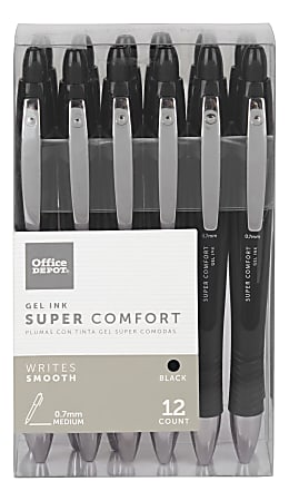 Office Depot® Brand Super Comfort Grip Retractable Gel Pens, Medium Point, 0.7 mm, Black Barrel, Black Ink, Pack Of 12