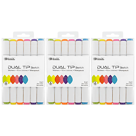 BAZIC Products Dual Tip Sketch Markers, Fluorescent Colors, 6 Per Pack, Set Of 3 Packs