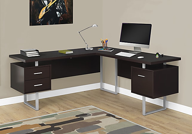 Monarch Specialties 71"W L-Shaped Corner Desk With 2 Drawers, Cappuccino