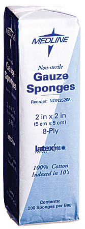 Medline Non-Sterile Woven Gauze Sponges, 8-Ply, 2" x 2", White, Pack Of 200