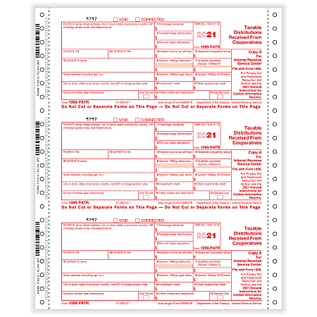 ComplyRight™ 1099-PATR Tax Forms, 4-Part, Copy A, State, B, C, 1-Wide, 9” x 11”, Pack Of 100 Forms