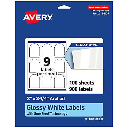 Avery® Glossy Permanent Labels With Sure Feed®, 94126-WGP100, Arched, 3" x 2-1/4", White, Pack Of 900