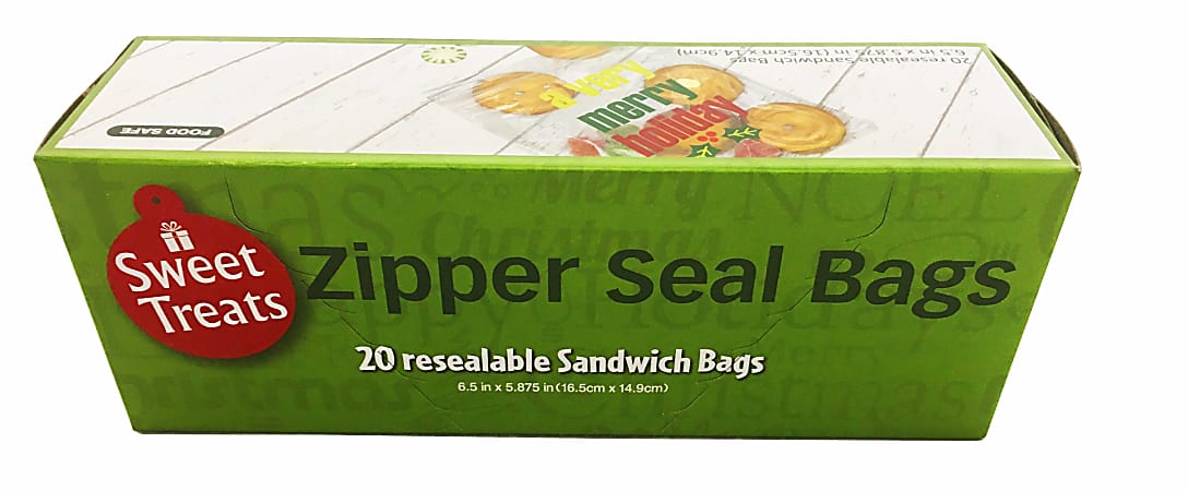 Incredible Novelties Holiday Zipper-Seal Sandwich Bags, 6 1/2" x 5 7/8", Transparent, Pack Of 20
