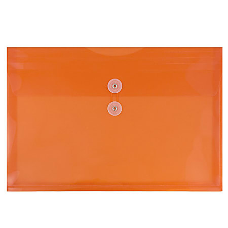 JAM Paper® Plastic Booklet Envelopes, Legal-Size, 9 3/4" x 14 1/2", Button & String Closure, Orange, Pack Of 12