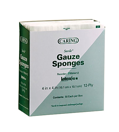 Medline CARING Woven Gauze Sponges, 12-Ply, 4" x 4", White, Pack Of 50
