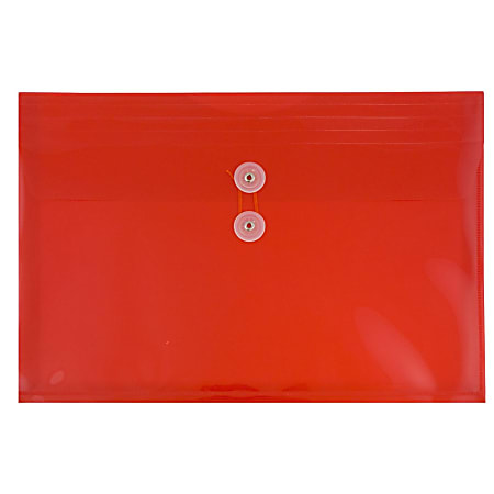 JAM Paper® Plastic Booklet Envelopes, Legal-Size, 9 3/4" x 14 1/2", Button & String Closure, Red, Pack Of 12
