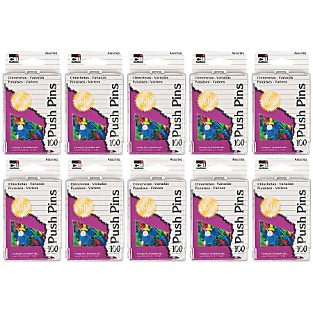 Charles Leonard Pushpins, 7/16", Assorted Colors, 100 Pushpins Per Box, Pack Of 10 Boxes