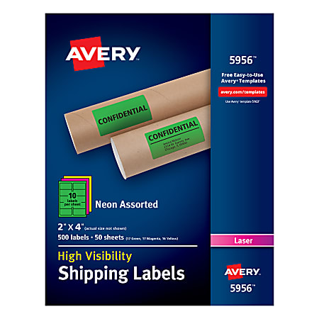 Avery® High-Visibility Permanent Shipping Labels, 5956, 2" x 4", Assorted Colors, Pack Of 500