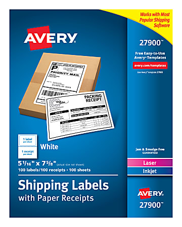 Avery® Shipping Labels With Paper Receipts, 27900, 5 1/16" x 7 5/8", White, Pack Of 100