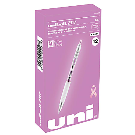 uni-ball® 207™ Pink Ribbon Retractable Fraud Prevention Gel Pens, Medium Point, 0.7 mm, Pink Barrels, Black Ink, Pack Of 12