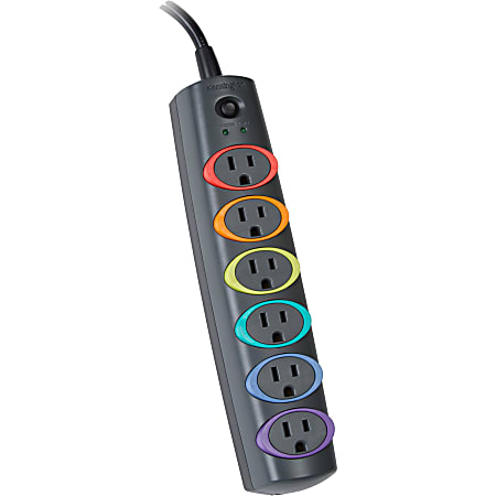 Kensington® SmartSockets® Surge Strip, 370 Joules, 6' Cord, 6 Power & 1 Phone Outlet, Color Coded