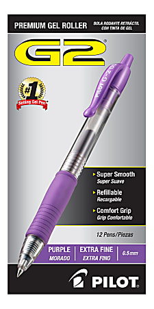 Pilot® G2 Retractable Rollerball Pens, Extra Fine Point, 0.5 mm, Clear Barrel, Purple Ink, Pack Of 12 Pens