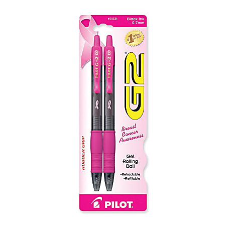 Pilot G2 Retractable Gel Pens, Fine Point, 0.7 mm, Pink Barrel, Black Ink, Pack Of 2 Pens