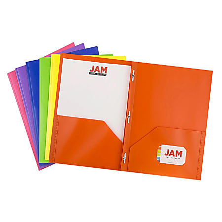 JAM Paper® Plastic 2-Pocket POP Folders With Prongs, Letter Size, 9-1/2" x 11-1/2", Assorted Primary Colors, Pack Of 6 Folders